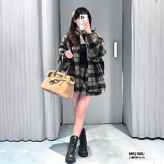 miu miu plaid fleece stand collar jacket